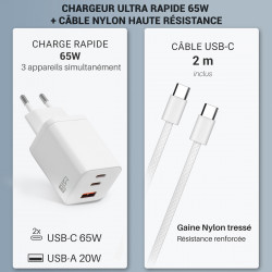 Kit chargeur 65W GaN 3 ports + câble USB-C 60W 2m blanc