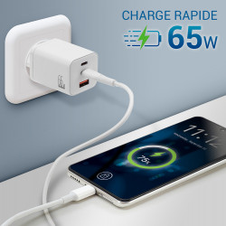 Kit chargeur 65W GaN 3 ports + câble USB-C 60W 1m blanc