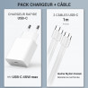 Kit chargeur USB-C 25W + 2 câbles USB-C 60W 1m blanc