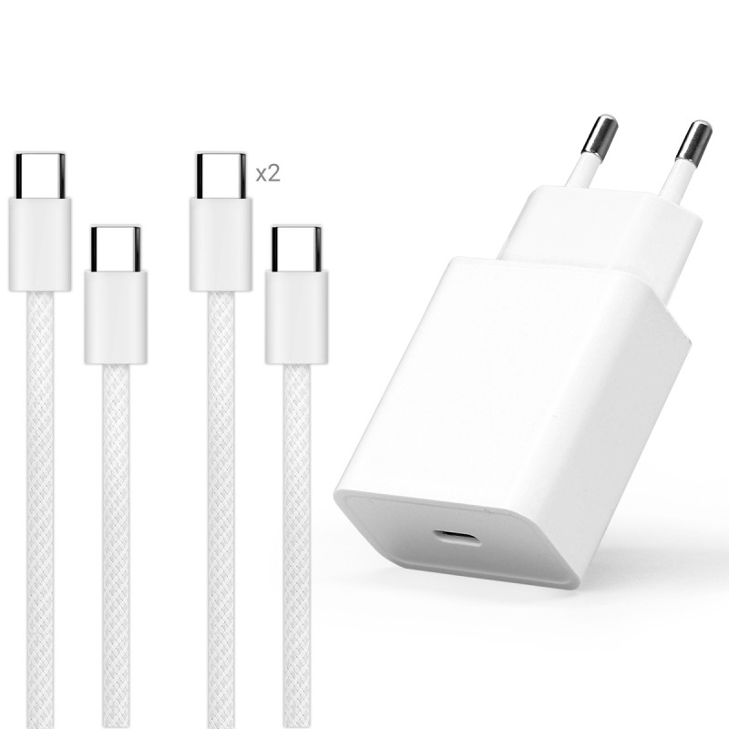 Pack charge rapide USB-C 25W avec 2 câbles 60W nylon tressé.