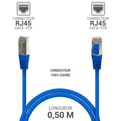 Câble réseau RJ45 Cat. 6 100% cuivre blindé FTP bleu 0.50m