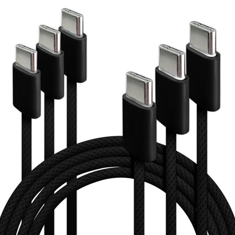 Lot de 3 Câbles USB-C vers USB-C 60W Nylon Tressé Noir 1m