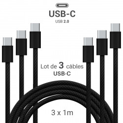 Lot 3 Câbles USB-C vers USB-C 60W Nylon tressé, 1m Noir