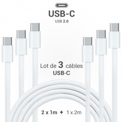 Lot 3 câbles USB-C 60W nylon tressé blanc 2x1m + 1x2m