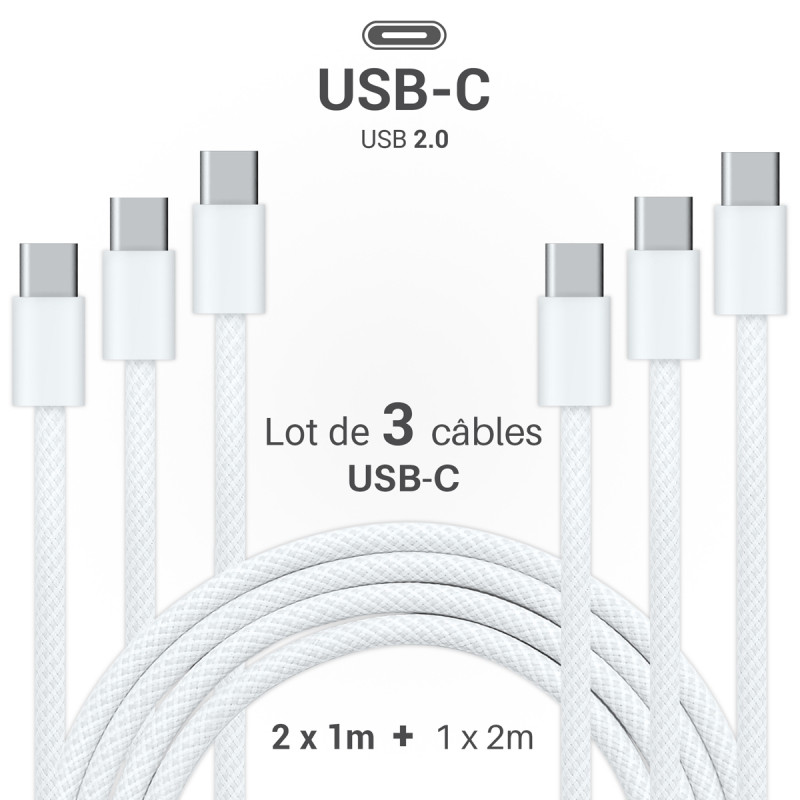 Lot 3 câbles USB-C 60W nylon tressé blanc 2x1m + 1x2m