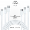Lot 3 câbles USB-C 60W nylon tressé blanc 2x1m + 1x2m