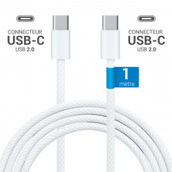 Lot 3 câbles USB-C 60W nylon tressé blanc 2x1m + 1x2m