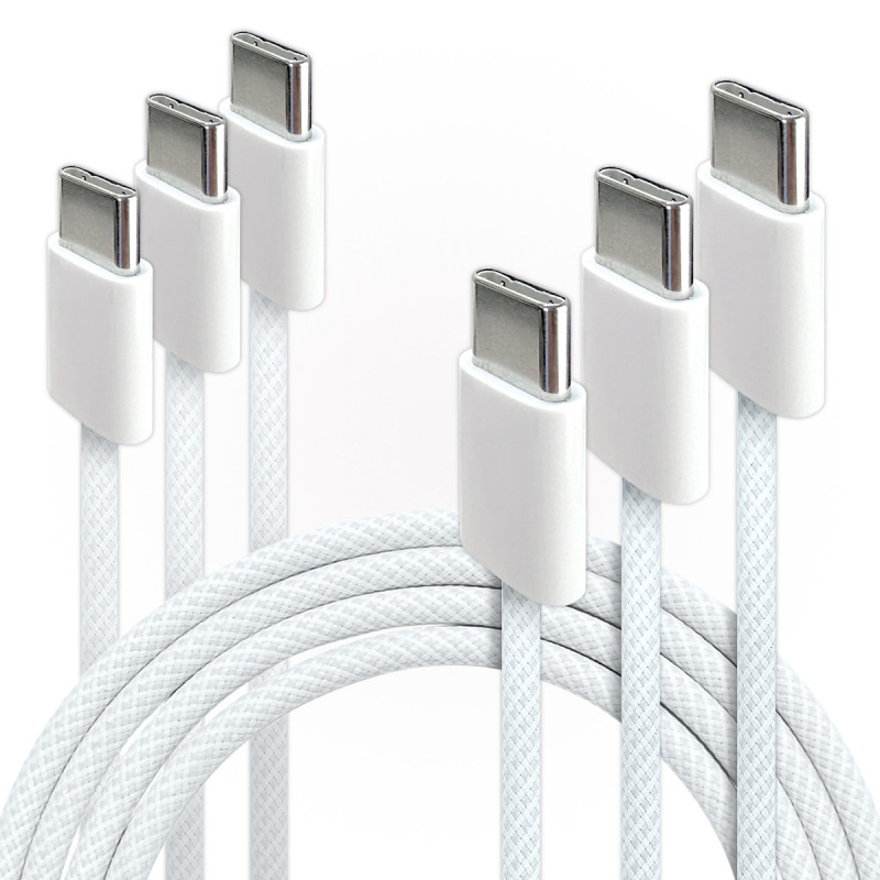 Lot de 3 Câbles USB-C vers USB-C 60W Nylon Tressé Blanc 1m