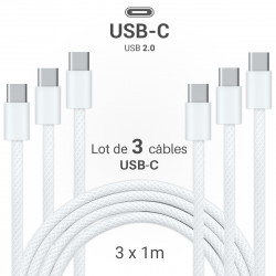 Lot 3 Câbles USB-C vers USB-C 60W Nylon tressé, 1m Blanc