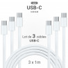 Lot 3 Câbles USB-C vers USB-C 60W Nylon tressé, 1m Blanc