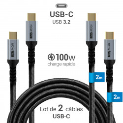 Lot 2 câbles USB-C 3.2 charge rapide 100W nylon tressé noir 2m