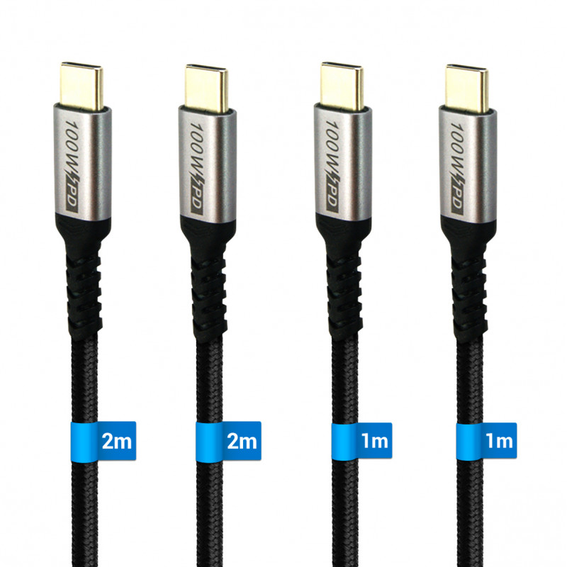 Lot 4 câbles USB-C 3.2 charge rapide 100W nylon noir 1m 2m