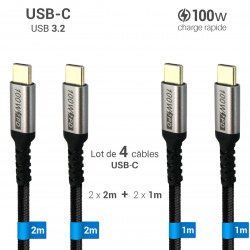 Lot 4 câbles USB-C 3.2 charge rapide 100W nylon noir 1m 2m
