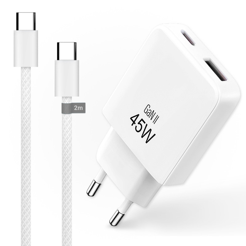 Pack Chargeur 45W GaN + Câble USB-C vers USB-C 2m Nylon - Blanc