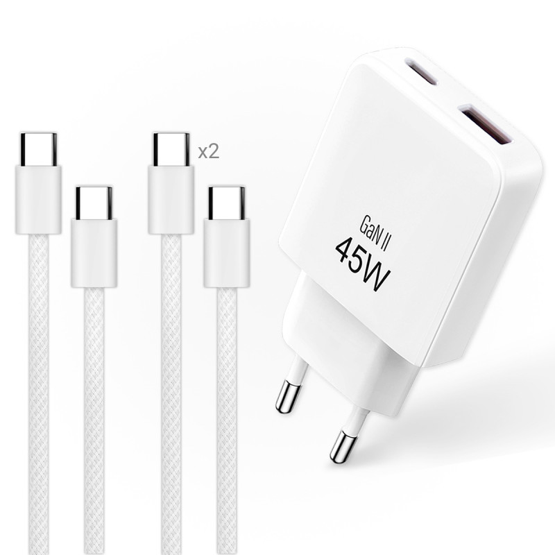 Pack Chargeur 45W GaN + Câble USB-C 2m Nylon Blanc
