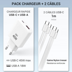 Pack Chargeur 45W GaN + Câble USB-C vers USB-C 2m Nylon - Blanc