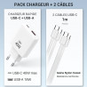 Pack Chargeur 45W GaN + Câble USB-C vers USB-C 2m Nylon - Blanc
