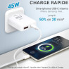 Pack Chargeur 45W GaN + Câble USB-C vers USB-C 2m Nylon - Blanc