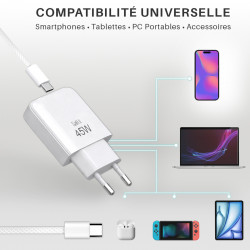 Pack Chargeur 45W GaN + Câble USB-C vers USB-C 2m Nylon - Blanc