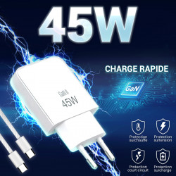 Pack Chargeur 45W GaN + Câble USB-C vers USB-C 2m Nylon - Blanc
