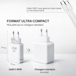 Pack Chargeur 45W GaN + Câble USB-C vers USB-C 2m Nylon - Blanc