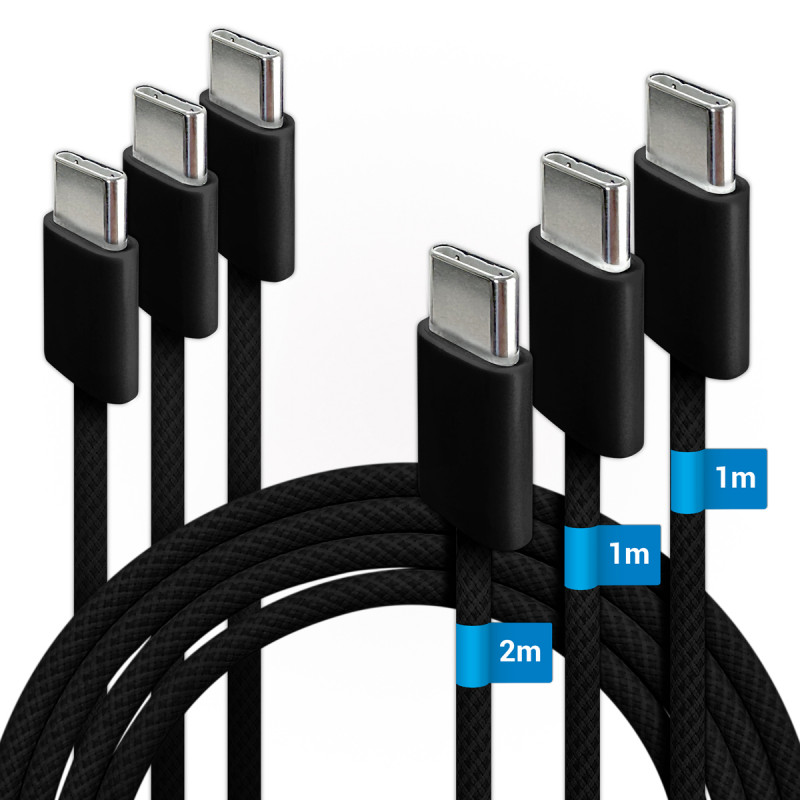 Lot 3 câbles USB-C 60W nylon tressé noir 2x1m + 1x2m