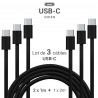 Lot 3 câbles USB-C 60W nylon tressé noir 2x1m + 1x2m