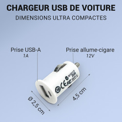 Mini chargeur USB de Voiture prise Allume cigare Blanc