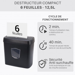Destructeur de Documents Coupe Croisée 6 Feuilles Bac 12,5L