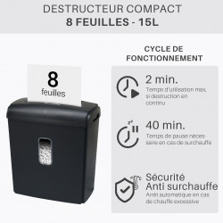 Destructeur de Documents Coupe Croisée 8 Feuilles Bac 15L