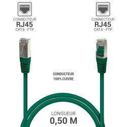 Câble réseau RJ45 Cat. 6 100% cuivre blindé FTP vert 0.50m
