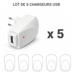 Lot de 5 Chargeurs USB 1A prise coudée avec voyant - blancs