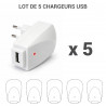 Lot de 5 Chargeurs USB 1A prise coudée avec voyant - blancs