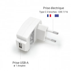 Lot de 5 Chargeurs USB 1A prise coudée avec voyant - blancs