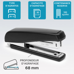 Lot de 3 agrafeuses de bureau format 24/6 - 26/6 - 30 Feuilles - Noir