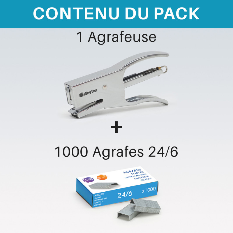 Pack pince Agrafeuse et 1000 agrafes 24/6 métal capacité 25 feuilles