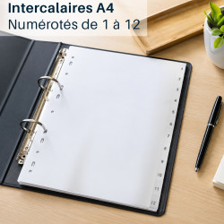 Lot 5 jeux intercalaires A4 polypropylène numérotés de 1 à 12