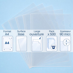 Lot de 500 pochettes coin A4 lisses 90 microns transparentes