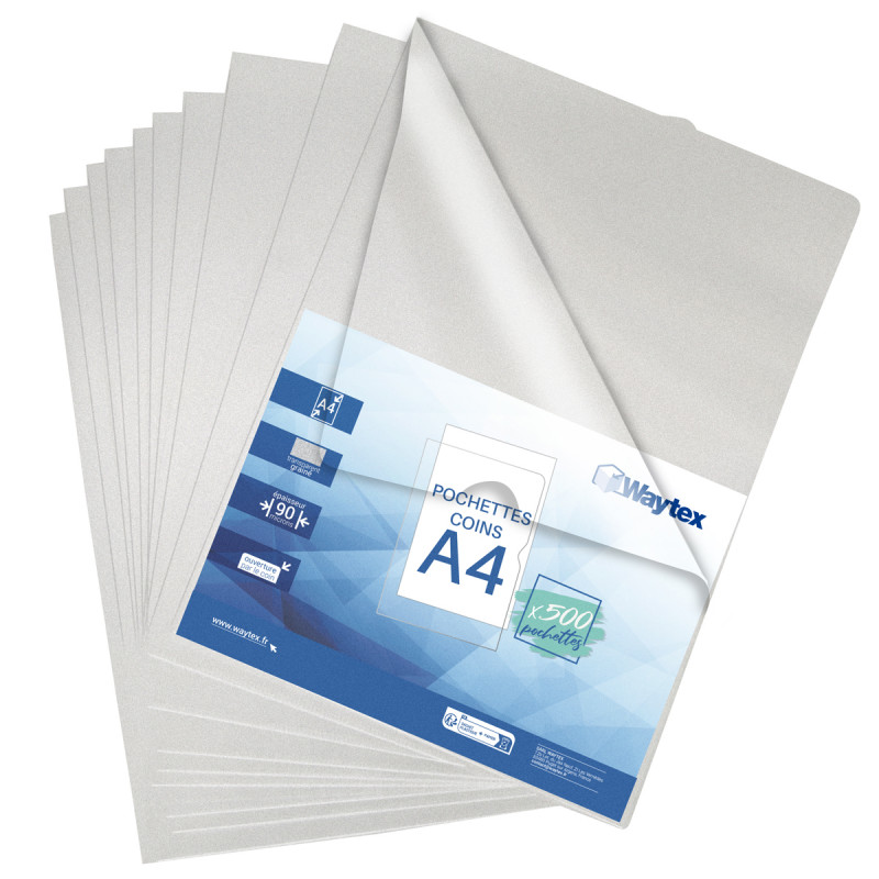 Lot de 500 pochettes coin A4 grainées 90 microns transparentes