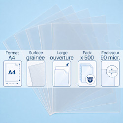 Lot de 500 pochettes coin A4 grainées 90 microns transparentes