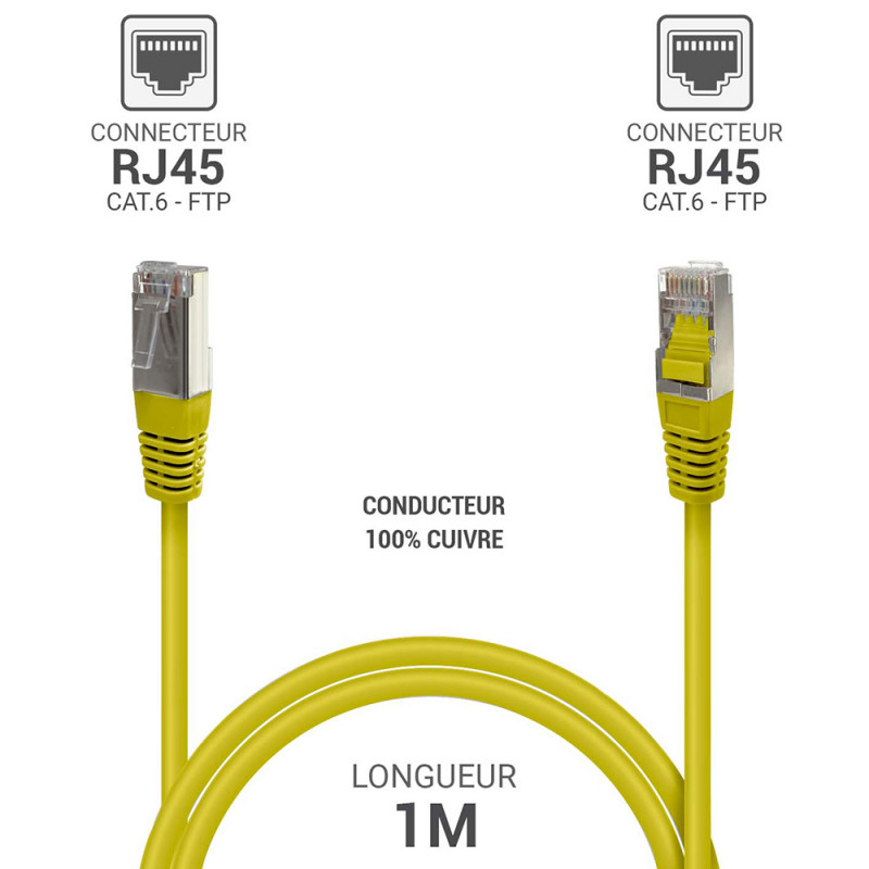 Câble réseau RJ45 Cat. 6 100% cuivre blindé FTP jaune 1.00m