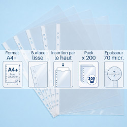 Lot de 200 pochettes perforées épaisses A4 lisses 70 microns
