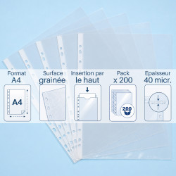 Lot 200 pochettes perforées transparentes A4 40 microns
