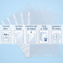 Pochettes perforées transparentes A4 70 microns lisses - x100