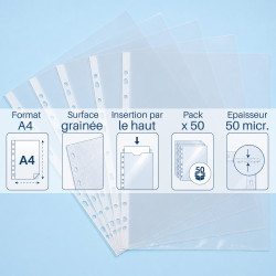 Pochettes perforées transparentes A4 50 microns grainée x50