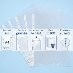 Pochettes perforées transparentes A4 90 microns grainée x 100
