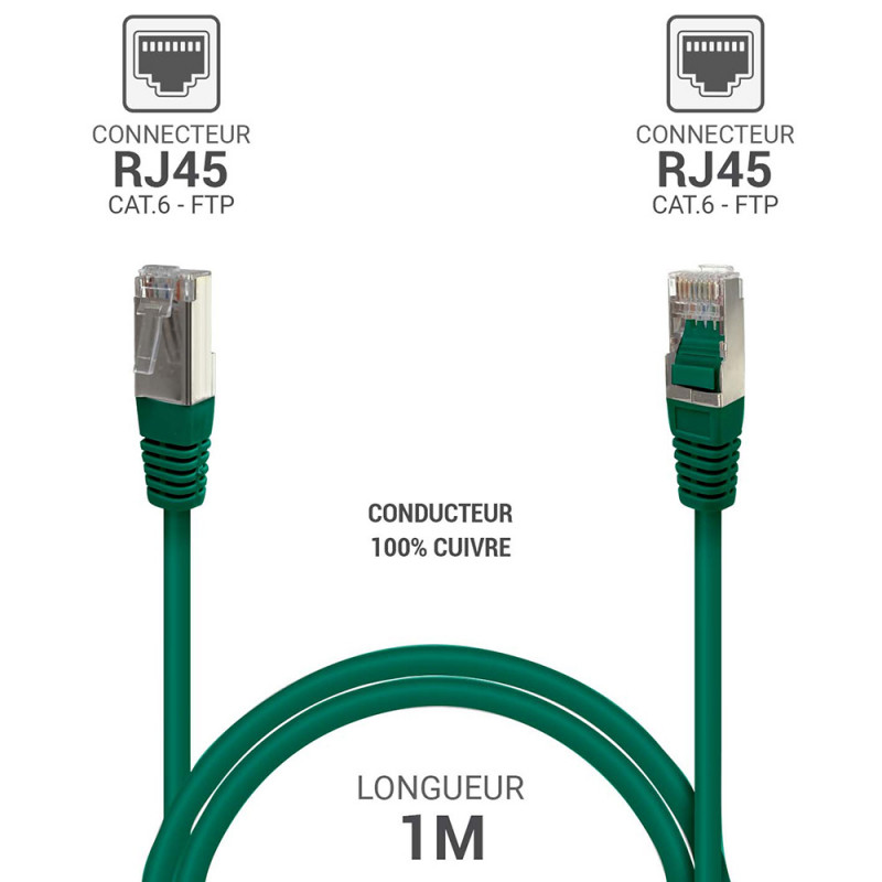 Câble réseau RJ45 Cat. 6 100% cuivre blindé FTP vert 1.00m