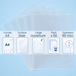 Pochette coin transparente A4 lisse 90 microns Lot de 50