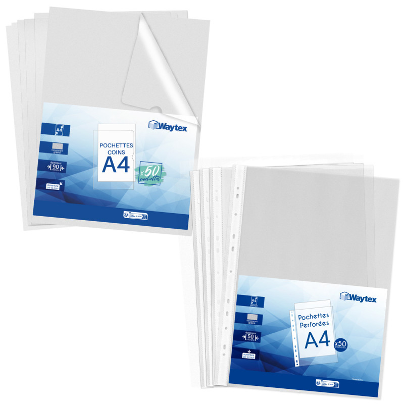 Pack 100 pochettes A4 perforées et coin transparentes