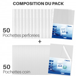 Pack 100 pochettes A4 perforées et coin transparentes